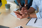 Business woman hands using smartphone showing colleague information on mobile phone screen
