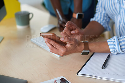 Buy stock photo Business people, hands and typing with phone in office for schedule reminder, tasks or agenda. Team, employees or colleagues with mobile smartphone, scrolling or research for ideas in workplace