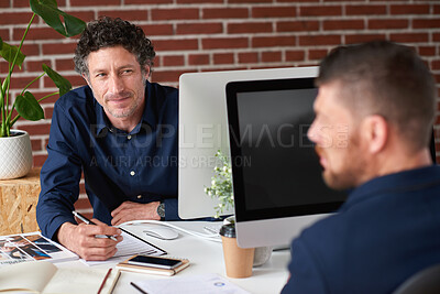 Buy stock photo Documents, discussion and business men in office with finance report for budget planning together. Paperwork, meeting and male financial manager with client for investment contract in workplace.