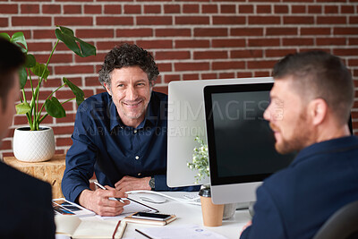 Buy stock photo Paperwork, discussion and business men in office with finance report for budget planning together. Documents, meeting and male financial manager with client for investment contract in workplace.