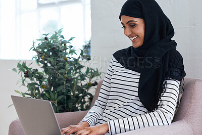 Buy stock photo Laptop, typing and Muslim woman in office with smile, research idea and digital marketing proposal. Happy, Islamic person and computer in business with website, draft plan and report for advertising.