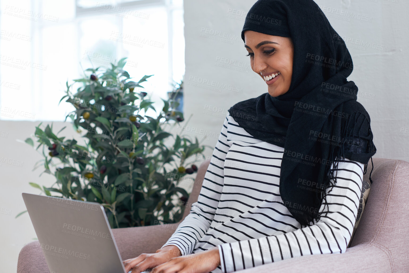 Buy stock photo Laptop, typing and Muslim woman in office with smile, research idea and digital marketing proposal. Happy, Islamic person and computer in business with website, draft plan and report for advertising.