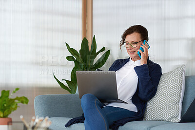 Buy stock photo Woman, laptop and phone call on couch for remote work from home, glasses or discussion in living room. Mature person, virtual assistant and computer with talk, problem solving and feedback at house