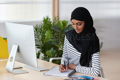 Buy stock photo Muslim woman, smile and writing in book at office with checklist, tech or schedule at travel agency. Person with hijab, notes and review with itinerary, location and booking info at tourism company