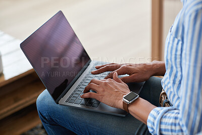 Buy stock photo Business, hands or typing on laptop at agency for copywriting, client feedback or reporting. Person, email marketer or tech in office for campaign research, project management or planning newsletter