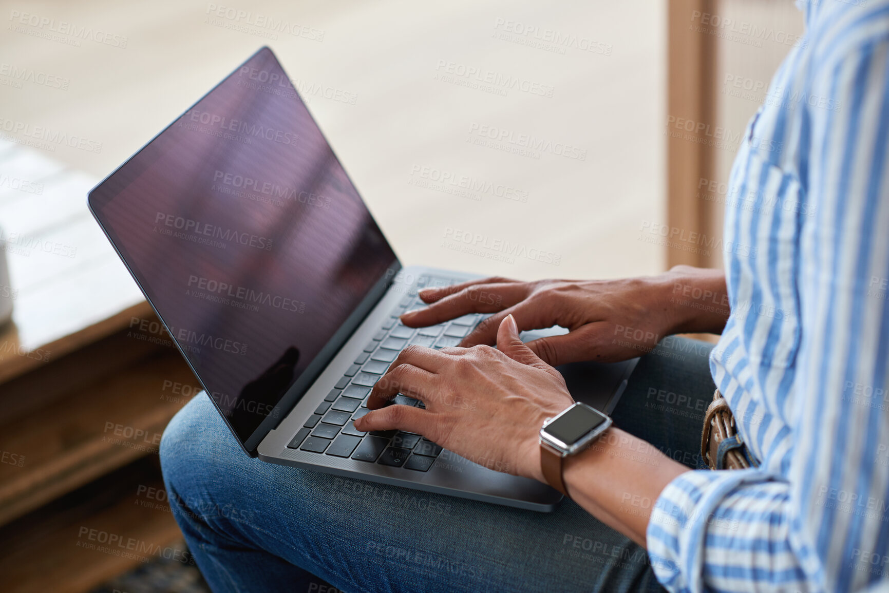 Buy stock photo Business, hands or typing on laptop at agency for copywriting, client feedback or reporting. Person, email marketer or tech in office for campaign research, project management or planning newsletter