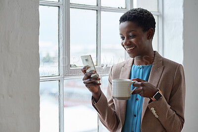 Buy stock photo Black woman, phone and texting with coffee at office, window and smile on break with contact on web. African person, tea and typing for chat, mobile app or social media with drink at creative agency