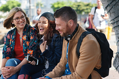 Buy stock photo Laughing, friends and people at university, education and conversation on break or hangout together. Outdoor, college students and group with humor for joke, listen and bonding with funny discussion