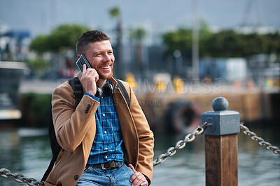 Buy stock photo Smile, business and man with phone call outdoor for travel, discussion and real estate agent. Happy, mature person and mobile for morning commute, contact seller and viewing schedule at harbour pier