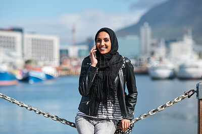 Buy stock photo Smile, business and woman with phone call outdoor for travel, schedule and real estate agent. Muslim, female person and mobile for morning commute, contact seller and property viewing at harbour pier