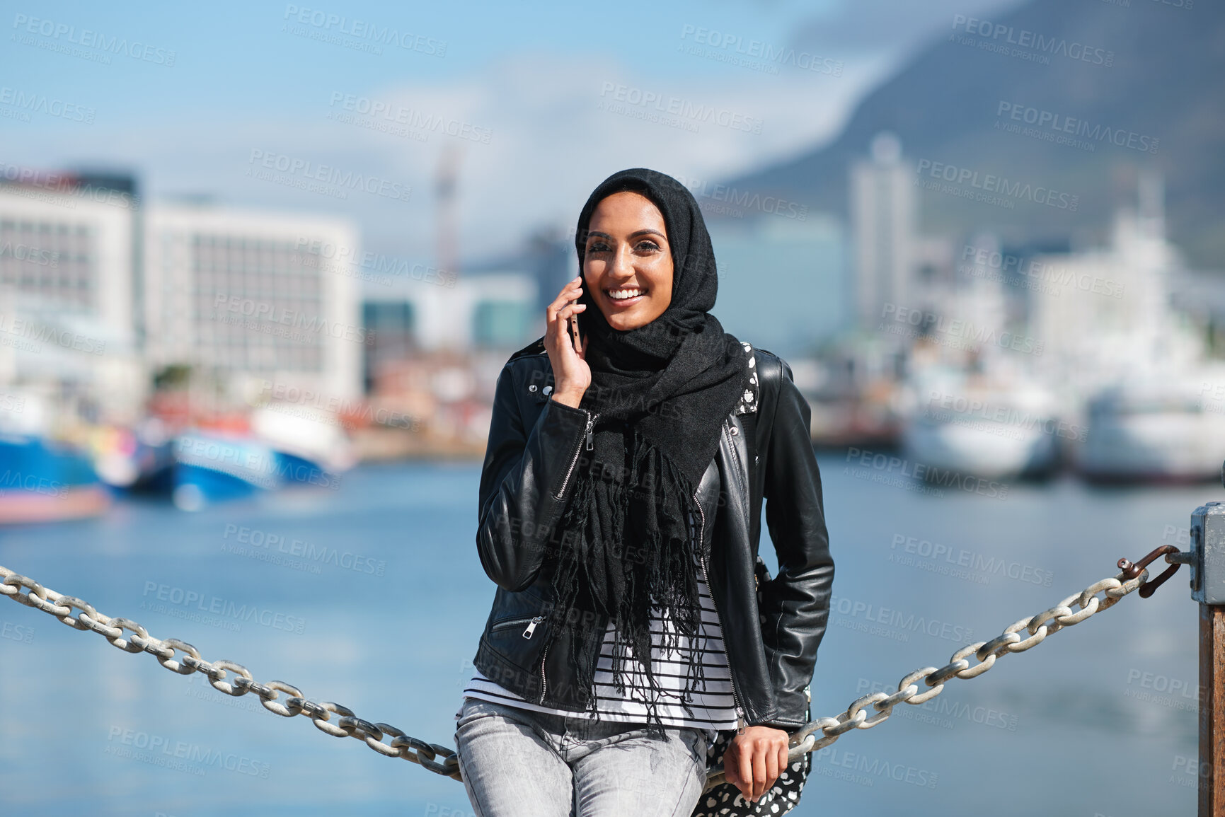 Buy stock photo Smile, business and woman with phone call outdoor for travel, schedule and real estate agent. Muslim, female person and mobile for morning commute, contact seller and property viewing at harbour pier