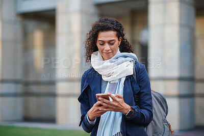 Buy stock photo Woman, commute and typing in city with phone, business communication and notification for text message. Mature person, scroll and journey in urban town with tech, check email update or travel to work