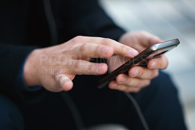 Buy stock photo Person, hands and typing with phone for research, social media or software app in city. Closeup, user or scrolling with smartphone, UI or UX for mobile interaction, outdoor network or connection