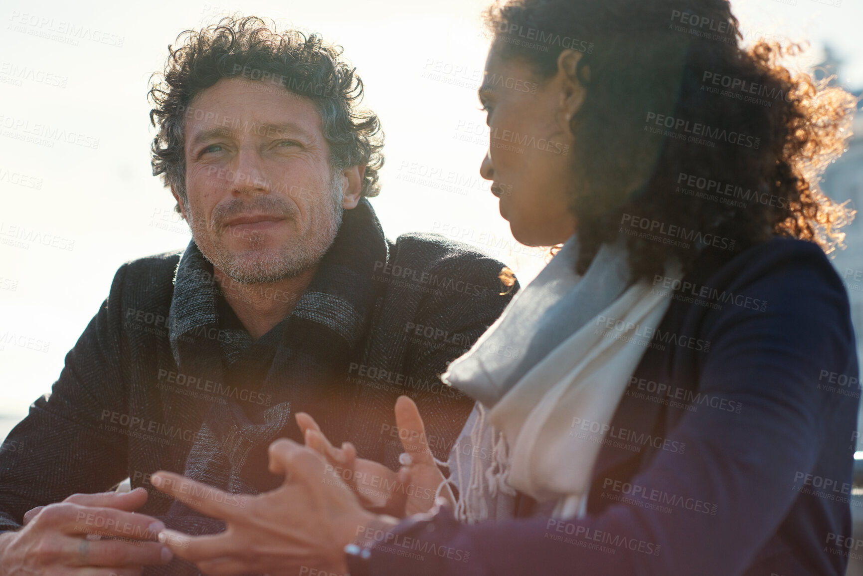 Buy stock photo Travel, talking and couple in city on holiday for tourist destination, vacation and trip together. Marriage, outdoor and man with woman for bonding, relationship and conversation for connection