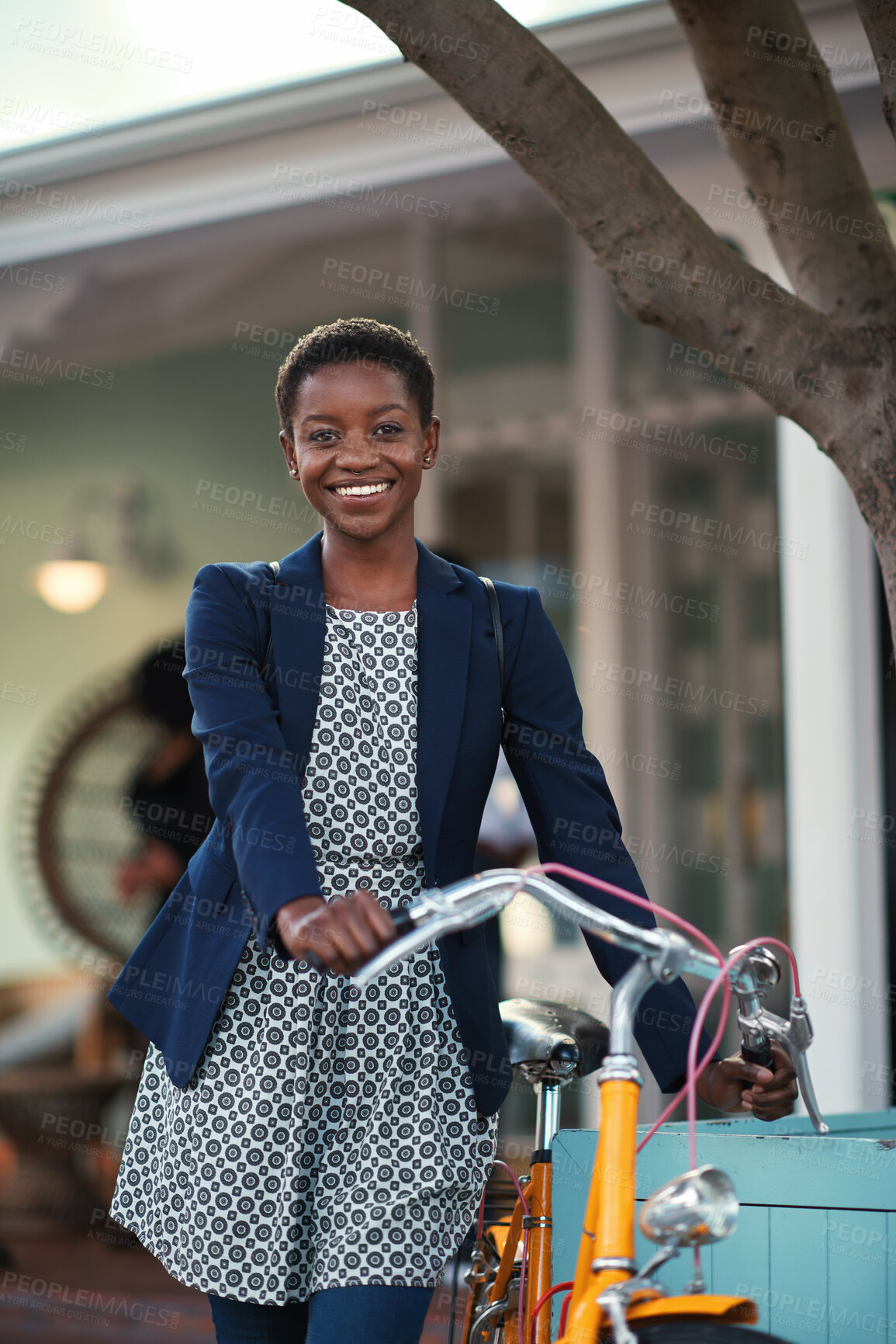 Buy stock photo Black woman, happy and portrait in bicycle in city for travel, pride and eco friendly commute on sidewalk. African person, bike and smile with confidence, outdoor or sustainable transport in town