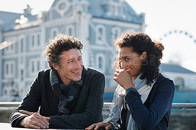 Buy stock photo Travel, laugh and couple in city on holiday to explore for tourist activity, vacation and trip together. Marriage, happy and man with woman for bonding, relationship and conversation for sightseeing