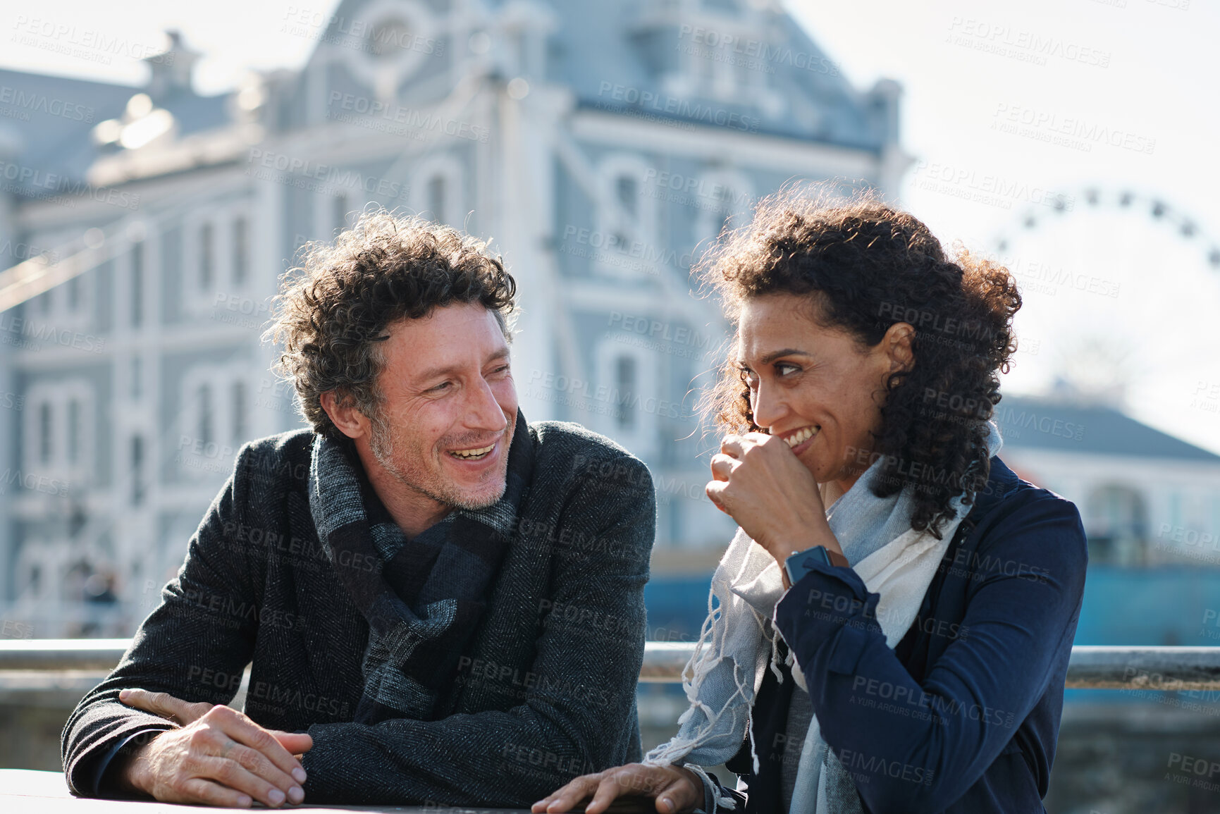 Buy stock photo Travel, laugh and couple in city on holiday to explore for tourist activity, vacation and trip together. Marriage, happy and man with woman for bonding, relationship and conversation for sightseeing
