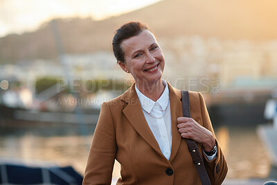 Buy stock photo Happy, professional and portrait of businesswoman in city with confidence for finance career. Outdoor, job opportunity and mature female financial manager with pride for company about us in town.