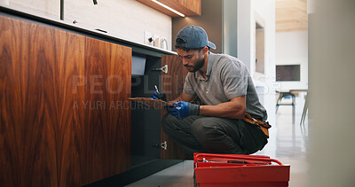 Buy stock photo Plumber, man and writing in kitchen with clipboard, inspection and technician for quality assurance. Handyman, person and notes in house with plumbing checklist, review pipeline and home maintenance.