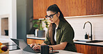 Remote work, review or woman with laptop, proofreading or novel editing in home. Reading, wfh or author in kitchen with tech, typing manuscript or literature chapter planning in story development.