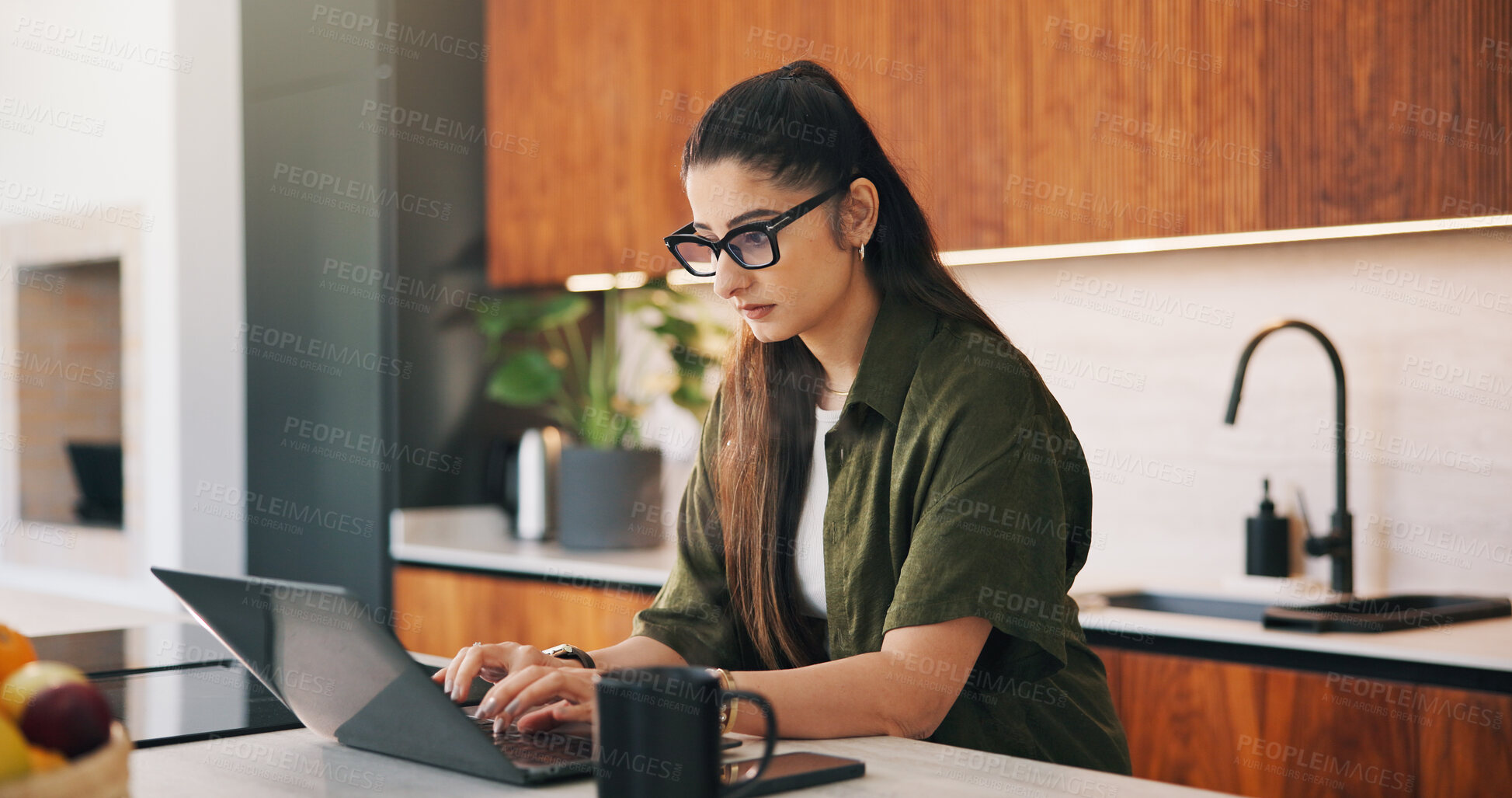 Buy stock photo Remote work, review or woman with laptop, proofreading or novel editing in home. Reading, wfh or author in kitchen with tech, typing manuscript or literature chapter planning in story development.