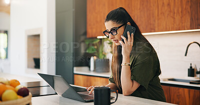 Buy stock photo Remote work, phone call or woman with laptop, editor feedback or novel review in home. Reading, wfh or author in kitchen with tech, manuscript planning or publisher communication in story development