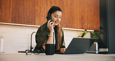 Buy stock photo Review, phone call or writer in house with laptop, editor feedback or novel editing in remote work. WFH, woman or author with tech, manuscript planning or publisher communication in story development