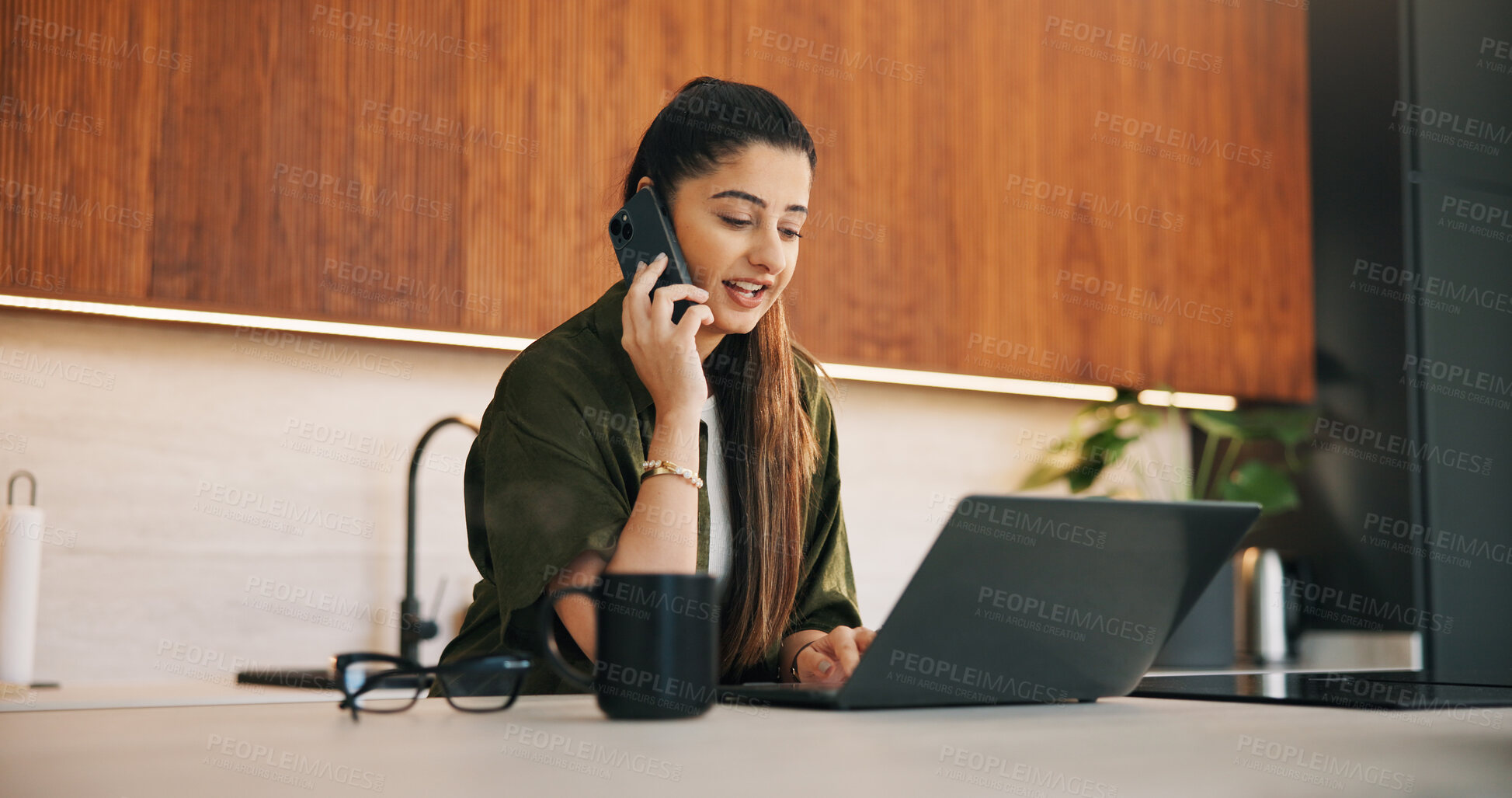 Buy stock photo Review, phone call or writer in house with laptop, editor feedback or novel editing in remote work. WFH, woman or author with tech, manuscript planning or publisher communication in story development