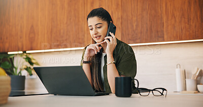 Buy stock photo Review, phone call or woman in home with laptop, editor feedback or novel editing in remote work. WFH, reading or author with tech, manuscript planning or publisher communication in story development