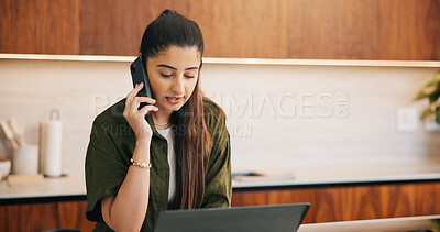 Buy stock photo Review, phone call or woman in house with laptop, publisher communication or novel edit in remote work. WFH, reading or author with tech, manuscript planning or editor feedback in story development.