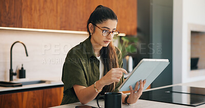 Buy stock photo Remote work, scroll and tablet with woman in kitchen of home for online planning or research. App, coffee or reading with freelance person at counter in apartment for small business or startup agenda