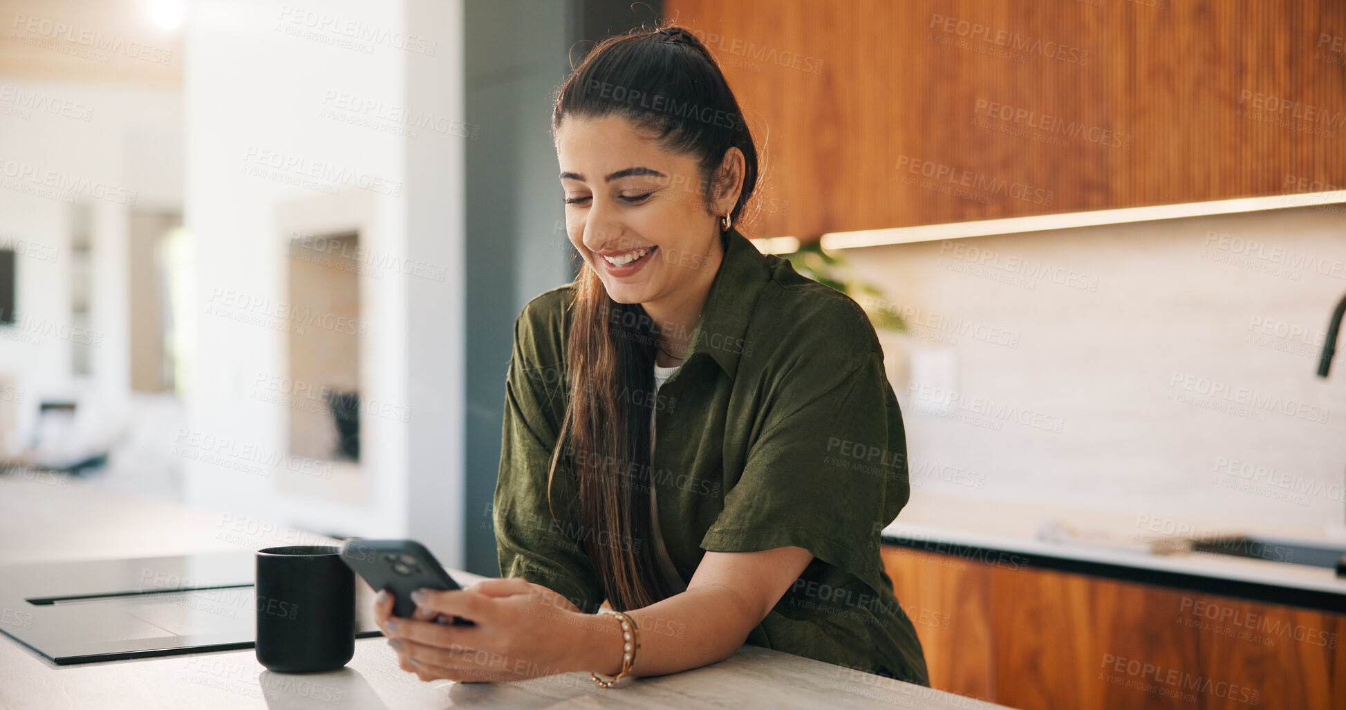 Buy stock photo Phone, smile and woman in kitchen for reading message, blog or browsing social media in home. Mobile, happy and person in house for internet connection, texting and check forum with online post