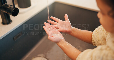 Buy stock photo Girl, hands and washing with water in sink for hygiene, disinfection or cleaning in home. Child, kid or rinsing with liquid, protection or safety in basin for dirt, bacteria or germ removal in house