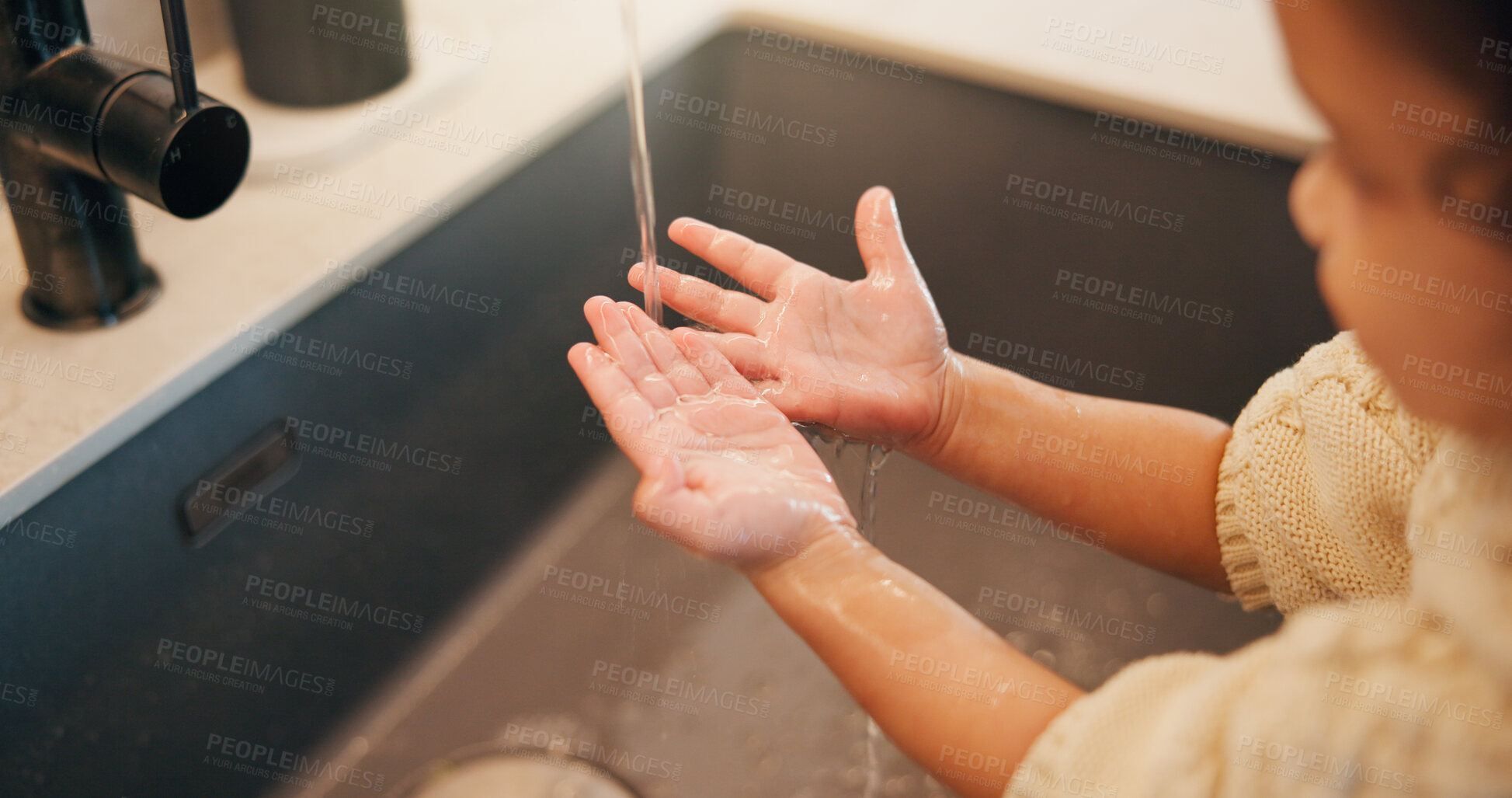 Buy stock photo Girl, hands and washing with water in sink for hygiene, disinfection or cleaning in home. Child, kid or rinsing with liquid, protection or safety in basin for dirt, bacteria or germ removal in house