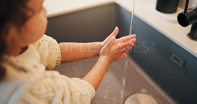 Buy stock photo Child, hands and washing with water in sink for hygiene, disinfection or cleaning in home. Girl, kid or rinsing with liquid, protection or safety in basin for dirt, bacteria or germ removal in house