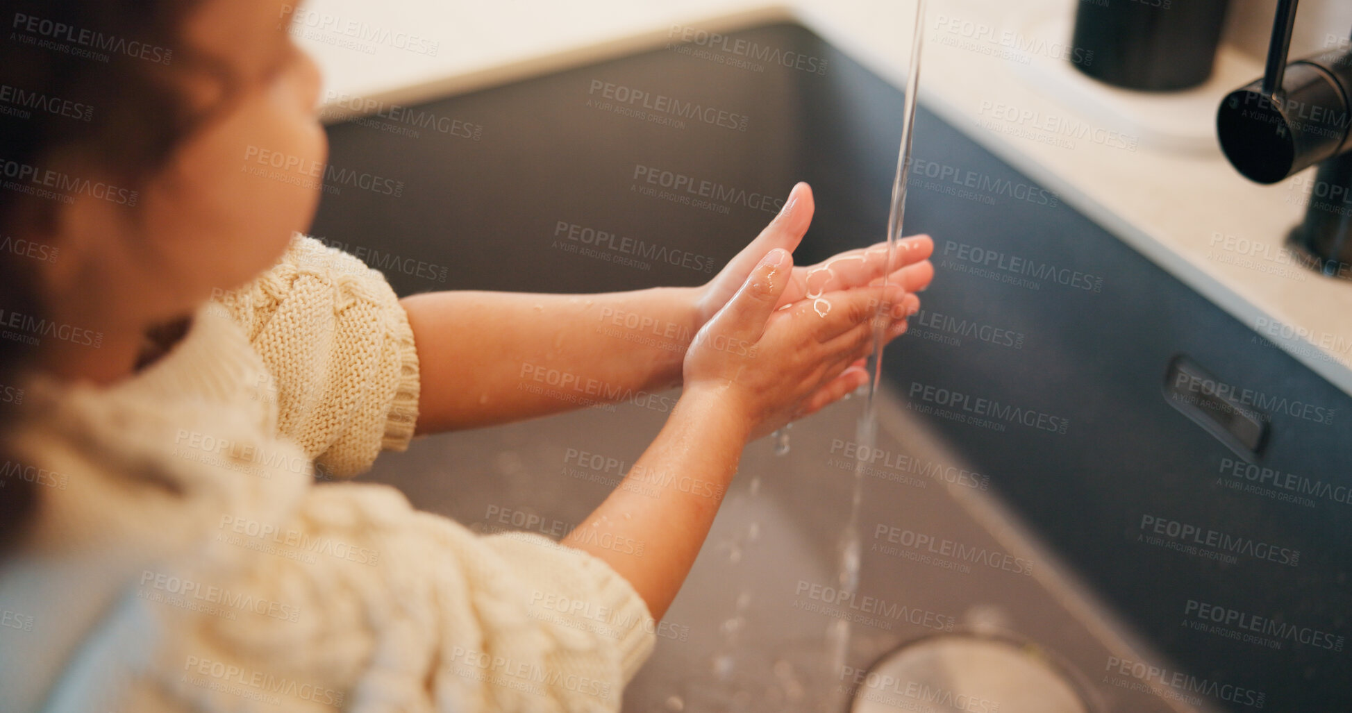 Buy stock photo Child, hands and washing with water in sink for hygiene, disinfection or cleaning in home. Girl, kid or rinsing with liquid, protection or safety in basin for dirt, bacteria or germ removal in house