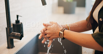 Buy stock photo Woman, hands and washing with water in sink for hygiene, disinfection or cleaning in home. Female person, splash and rinsing with faucet, tap or safety in basin for dirt, bacteria or germ removal