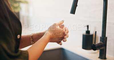 Buy stock photo Woman, hands and washing with soap in sink for hygiene, disinfection or sanitary cleaning in home. Female person, rinsing and faucet with tap in basin for dirt, bacteria or germ removal in house
