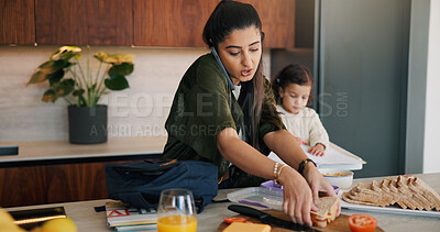 Buy stock photo Daughter, lunch and phone call with mother packing in kitchen for multitasking or preparation. Busy, getting ready and food with single parent making school snack for girl child in apartment