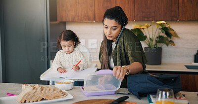 Buy stock photo Daughter, packing food and phone call with mother in kitchen for multitasking or preparation. Busy, getting ready and lunch with single parent making school snack for girl child in apartment