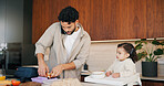 Dad, phone call and lunchbox for child in kitchen, multitasking and sandwich for daycare in morning. Family, breakfast and packing healthy food for school, serious or man with mobile for chat in home