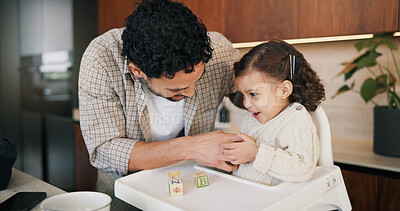 Buy stock photo Love, dad or kid in high chair with fun, childcare or healthy relationship on weekend break. Playful, parent or girl in house with child development, bonding together or family connection in kitchen.