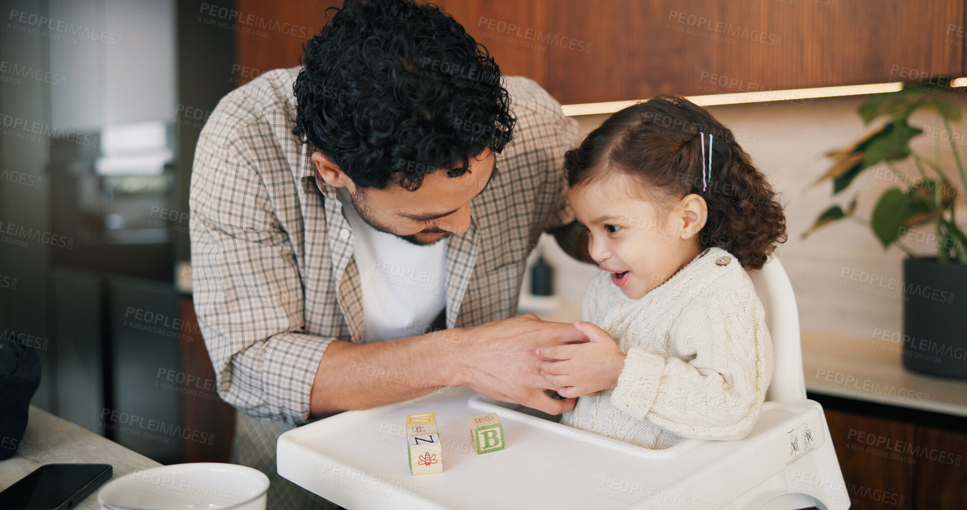 Buy stock photo Love, dad or kid in high chair with fun, childcare or healthy relationship on weekend break. Playful, parent or girl in house with child development, bonding together or family connection in kitchen.
