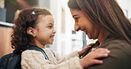 Backpack, hug and mother with kid in home getting ready for preschool, education or development. Happy, family and girl child embracing mom for greeting, support or love in morning at apartment.