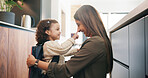 Backpack, hug and mom with child in home getting ready for preschool, education or development. Happy, family and girl kid embracing mother for greeting, support or love in morning at apartment.
