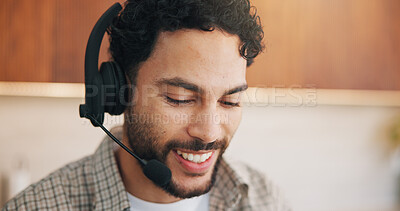 Buy stock photo Happy, virtual assistant and man with headset in home, remote work and troubleshooting consultation. Tech support, advice and person with mic for IT solution, freelance and chat with contact in house