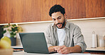 Remote work, notes or man in house with laptop, draft review or novel editing in kitchen. Writing, wfh or author in home with tech, manuscript brainstorming or chapter planning in story development.