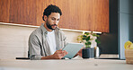 Remote work, tablet or man in home with coffee, publisher communication or novel review in kitchen. WFH, tech or author with warm beverage, manuscript planning or editor feedback in story development