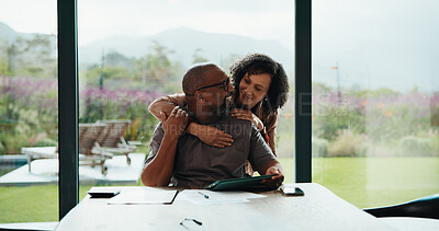 Buy stock photo Happy, couple and hug with tablet in home for love, support or connection together in house. Interracial relationship, man and woman with technology, smile or embrace for trust, commitment or care