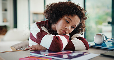 Buy stock photo Bored, tired and kid with homework in house with elearning, education or online class. Fatigue, burnout and girl student with exhaustion for knowledge, growth or development in virtual lesson.
